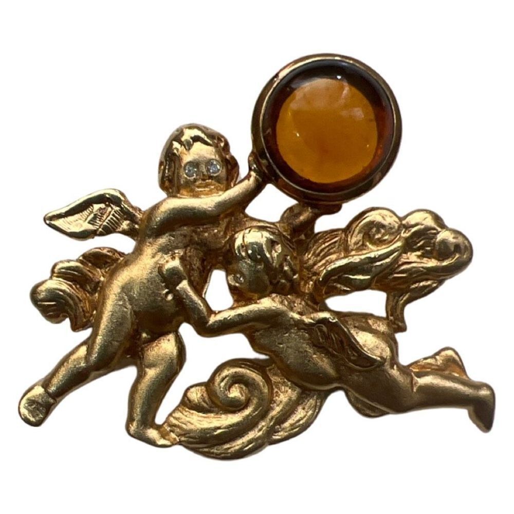 Vintage Louis Stern LS SIGNED Cherub Angel Baltic Amber Cabochon Gold Brooch Pin